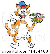 Poster, Art Print Of Cartoon Ginger Cat Chef Mascot Giving A Thumb Up And Holding A Fish And Platter Of Shrimp