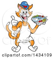 Clipart Of A Cartoon Ginger Cat Chef Mascot Giving A Thumb Up And Holding A Cooked Fish Royalty Free Vector Illustration
