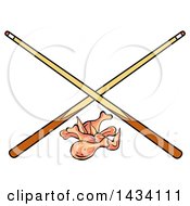 Clipart Of Cartoon Chicken Wings And Crossed Billiards Pool Cue Stick Royalty Free Vector Illustration by LaffToon