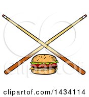 Poster, Art Print Of Cartoon Hamburger And Crossed Billiards Pool Cue Stick