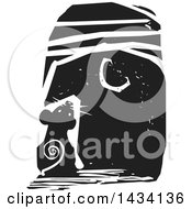 Poster, Art Print Of Black And White Woodcut Mouse Looking Up At The Moon