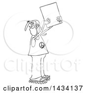 Poster, Art Print Of Cartoon Black And White Male Hippie Protestor Wearing A Peace Shirt And Holding Up A Blank Sign
