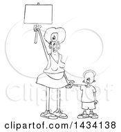 Poster, Art Print Of Cartoon Lineart Black Female Protestor Holding Her Sons Hand Shouting And Holding Up A Blank Sign