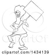 Clipart Of A Cartoon Lineart Black Female Protestor Wearing Glasses And Holding A Blank Sign Royalty Free Vector Illustration