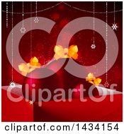 Poster, Art Print Of 3d Gift Box With Bauble Ornaments And Bows Over A Red Background With Flares