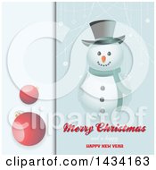 Poster, Art Print Of Merry Christmas And A Happy New Year Greeting With A Snowman Suspended Snowflakes And Red Bauble Panel