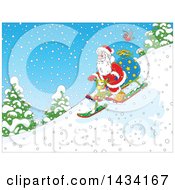 Poster, Art Print Of Cartoon Robin Bird Following Santa Claus With A Christmas Sack Going Down Hill On A Snow Trike Sled