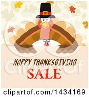 Poster, Art Print Of Pilgrim Turkey Bird Over A Happy Thanksgiving Sale Sign With Autumn Leaves