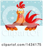 Poster, Art Print Of Chicken Rooster Bird Over A Sign On Snowflakes