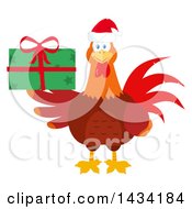 Poster, Art Print Of Chicken Rooster Bird Wearing A Santa Hat And Holding A Christmas Present