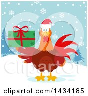 Poster, Art Print Of Chicken Rooster Bird Wearing A Santa Hat And Holding A Christmas Present In The Snow