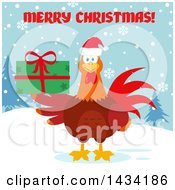 Poster, Art Print Of Merry Christmas Greeting Over A Chicken Rooster Bird Wearing A Santa Hat And Holding A Gift In The Snow