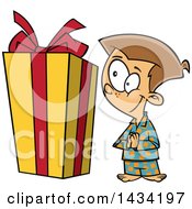 Poster, Art Print Of Cartoon Excited Caucasian Boy Looking At A Large Christmas Present
