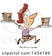 Poster, Art Print Of Cartoon Happy Caucasian Woman Running With Slices Of Cake