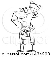 Clipart Of A Cartoon Black And White Lineart Senior Veteran Saluting Royalty Free Vector Illustration