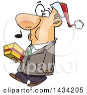 Cartoon Happy White Man Wearing A Santa Hat Whistling And Carrying A Christmas Gift