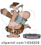 Poster, Art Print Of Cartoon Caveman Looking Expectantly At A Stone Wheel