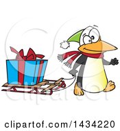 Poster, Art Print Of Cartoon Festive Penguin Pulling A Christmas Present On A Sled