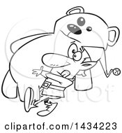 Poster, Art Print Of Cartoon Black And White Lineart Christmas Elf Carrying A Giant Teddy Bear