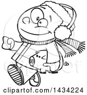 Poster, Art Print Of Cartoon Black And White Lineart Happy African Boy In Winter Clothes Carrying His Piggy Bank To Go Christmas Shopping