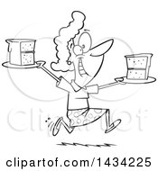 Poster, Art Print Of Cartoon Black And White Lineart Happy Woman Running With Slices Of Cake
