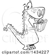 Clipart Of A Cartoon Black And White Lineart Thoughtful T Rex Dinosaur Holding Out A Christmas Gift Royalty Free Vector Illustration by toonaday