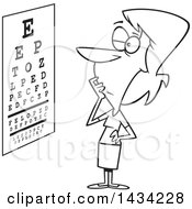 Clipart Of A Cartoon Black And White Lineart Woman Trying To Read An Eye Chart Royalty Free Vector Illustration