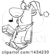Poster, Art Print Of Cartoon Black And White Lineart Man Wearing A Santa Hat Whistling And Carrying A Christmas Gift