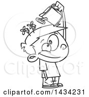 Poster, Art Print Of Cartoon Black And White Lineart Little Boy Watering His Mind Flowers With A Can