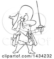 Cartoon Black And White Lineart Musketeer Holding A Sword
