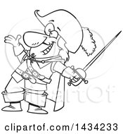 Cartoon Black And White Lineart Musketeer Presenting And Holding A Sword