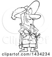 Cartoon Black And White Lineart Musketeer Standing With Hands On His Hips