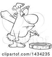 Clipart Of A Cartoon Black And White Lineart Caveman Looking Expectantly At A Stone Wheel Royalty Free Vector Illustration