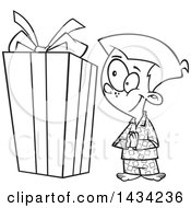 Clipart Of A Cartoon Black And White Lineart Excited Boy Looking At A Large Christmas Present Royalty Free Vector Illustration