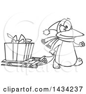 Poster, Art Print Of Cartoon Black And White Lineart Festive Penguin Pulling A Christmas Present On A Sled