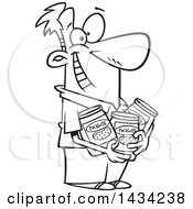 Poster, Art Print Of Cartoon Black And White Lineart Happy Man Holding Jars Of Pickles
