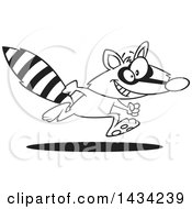 Clipart Of A Cartoon Black And White Lineart Happy Raccoon Running Royalty Free Vector Illustration by toonaday