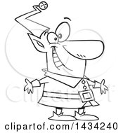 Clipart Of A Cartoon Black And White Lineart Happy Christmas Elf Royalty Free Vector Illustration