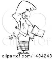 Cartoon Black And White Lineart Happy Female Teacher Holding A Book