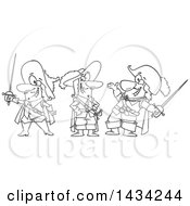 Cartoon Black And White Lineart Group Of The Three Musketeers