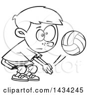 Poster, Art Print Of Cartoon Black And White Lineart Little Boy Playing Volleyball