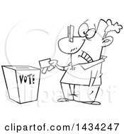 Poster, Art Print Of Cartoon Black And White Lineart Man With A Clip On His Nose Casting His Vote