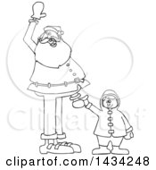 Poster, Art Print Of Cartoon Black And White Lineart Christmas Santa Claus Holding A Boys Hand And Waving