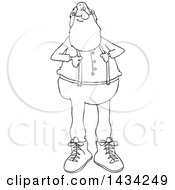 Clipart Of A Cartoon Black And White Lineart Christmas Santa Claus Pulling On His Suspenders Royalty Free Vector Illustration
