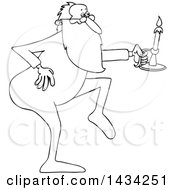 Clipart Of A Cartoon Black And White Lineart Christmas Santa Claus Tip Toeing In His Pajamas Holding A Candlestick Royalty Free Vector Illustration