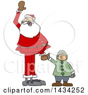 Poster, Art Print Of Cartoon Christmas Santa Claus Holding A White Boys Hand And Waving