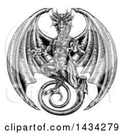 Clipart Of A Black And White Woodcut Dragon Royalty Free Vector Illustration