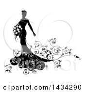 Poster, Art Print Of Silhouetted Black And White Bride Posing In A Wedding Gown With A Bouquet