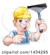 Poster, Art Print Of Cartoon Happy White Male Window Cleaner Wearing A Hard Hat Pointing And Holding A Squeegee