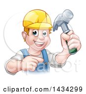 Poster, Art Print Of Cartoon Happy White Male Carpenter Holding A Hammer And Pointing